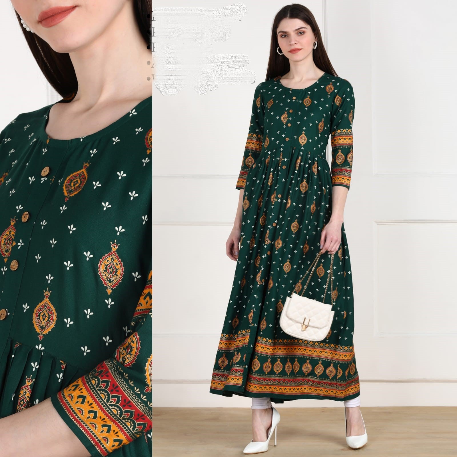 Anarkali Dress-Long Gown kurti in Rayon Green with Pleted waist ,Front Slit,and wooden Buttons
Details :
Fabrics : Rayon
Color: Green
Front Slit
Pleted waist
Wooden Buttons
Elbow sleeve
 Size : L,M,XL, XXL 
Colour :  Dark Green with design
This Anarkali Dress-Long Gown kurti in Rayon is designed with a Pleted waist, Front Slit, and wooden Buttons. Perfect for any occasion, it not only provides a stylish and elegant look but also offers exceptional comfort. The pleated waist en